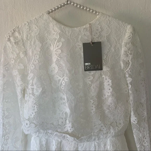 ASOS BRIDAL EDITION Grace Lace Long Sleeve Crop Top Maxi Wedding Dress - Picture 9 of 16